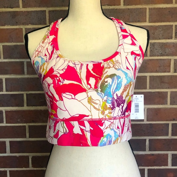 NWT JOSIE NATORI SOLSTICE T-BACK CROP TOP Size S Pink Poppy Trellis Wave - Picture 3 of 9